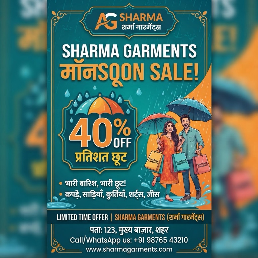 Poster Speech made: Sharma Garments monsoon sale, 40% off, Hindi and English text