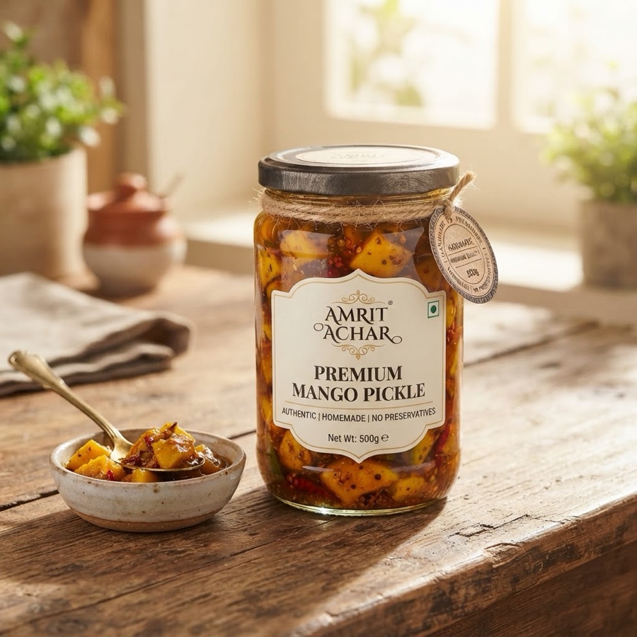 Product photo Speech made: a jar of mango achaar on a wooden table in morning light