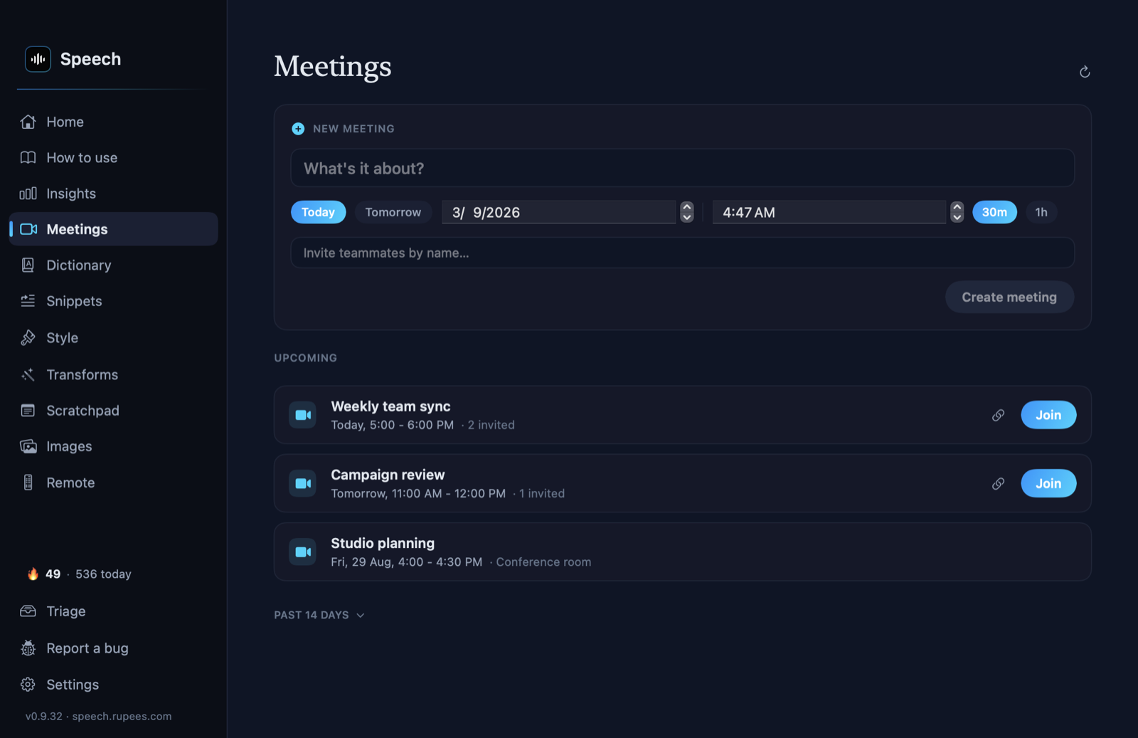 The Meetings page: a new meeting form and upcoming meetings with Join buttons