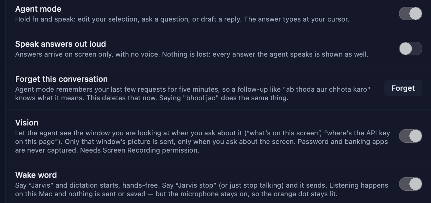 Settings, Features group: Agent mode, Speak answers out loud, Forget this conversation, Vision, Wake word