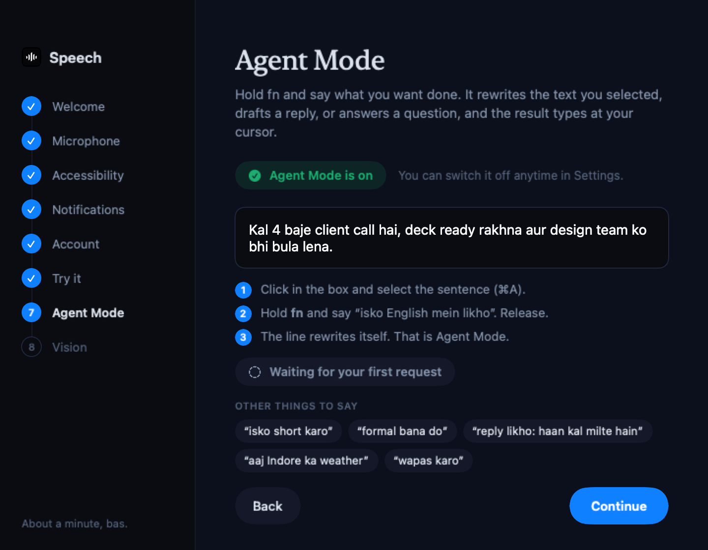 Setup, step 7: Agent Mode is on, a sentence to try it on, and the three moves