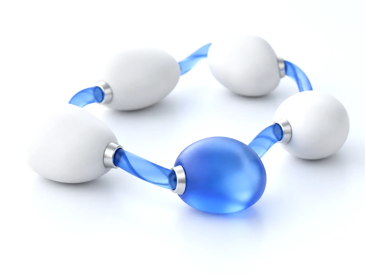 Five smooth white forms linked in a ring by one ribbon of blue glass, with a single blue form among them
