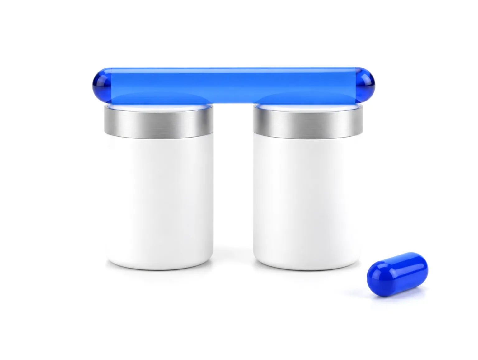 Two matching white cylinders side by side under one blue glass measuring bar