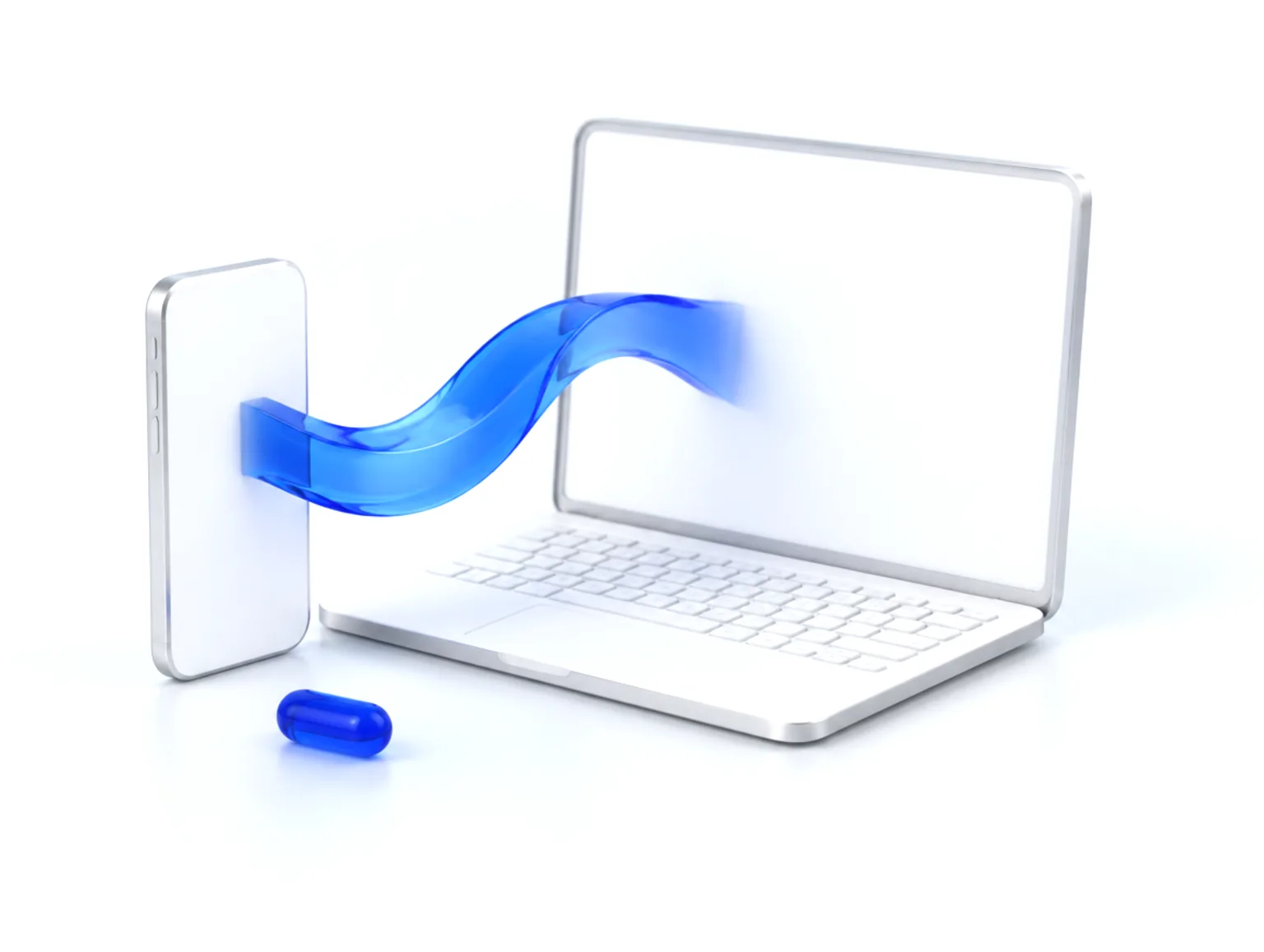 A white laptop and phone with a ribbon of blue glass flowing from one screen into the other