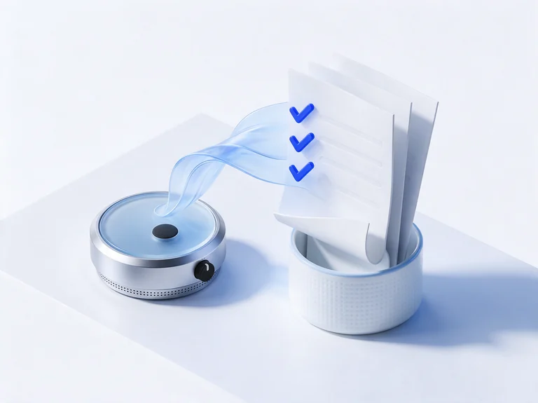 A silver meeting microphone turning a sound ribbon into checked summary pages