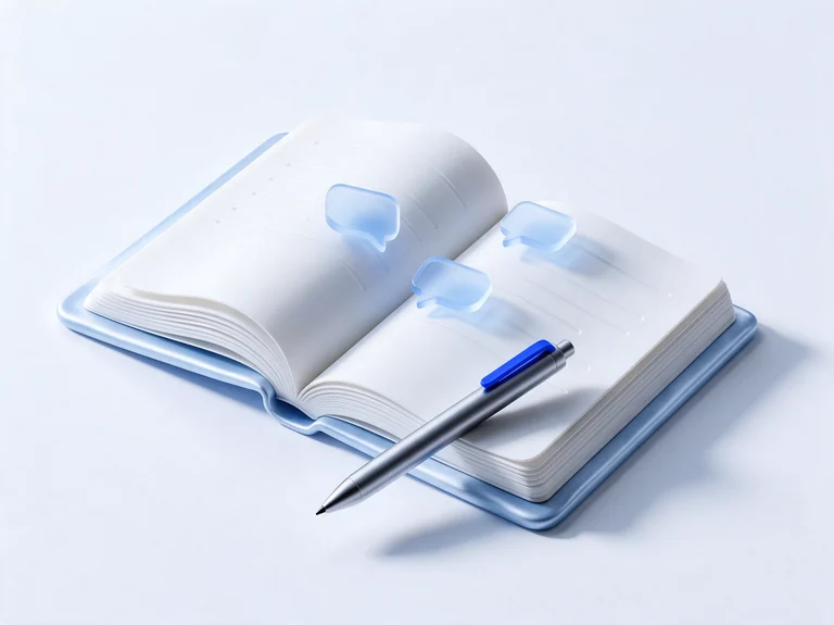 A dimensional blue notebook, silver pen and translucent speech bubbles