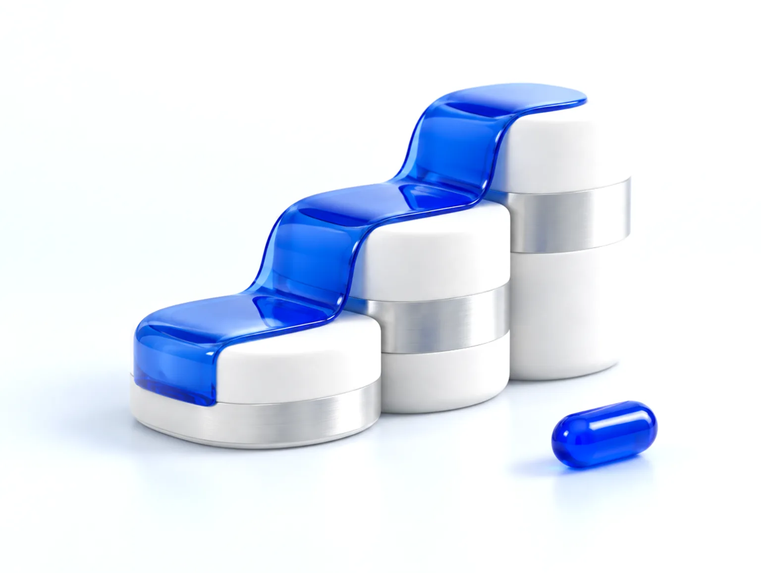 Three rising frosted-white steps with a ribbon of blue glass flowing over all of them