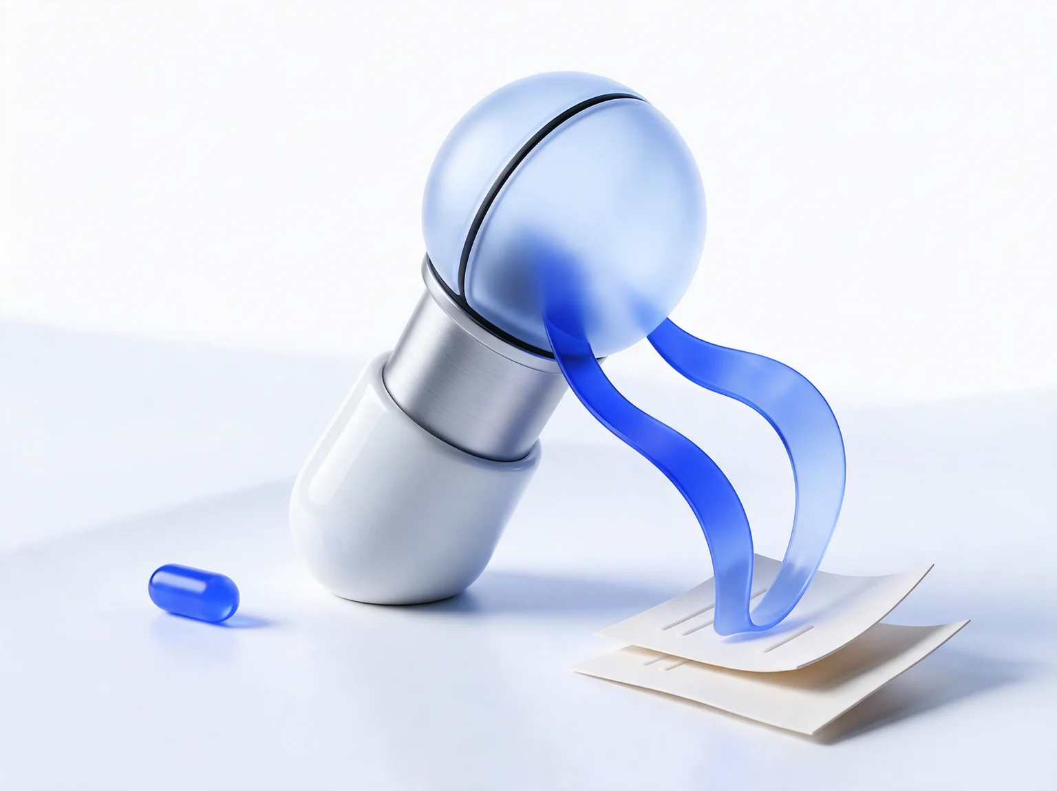 A frosted blue microphone with sound ribbons flowing into paper sheets